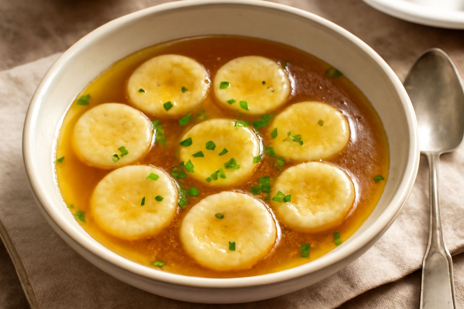 Ciotola bianca con corzetti morbidi immersi in brodo trasparente dorato, con un filo di olio d'oliva in superficie e prezzemolo verde come guarnizione