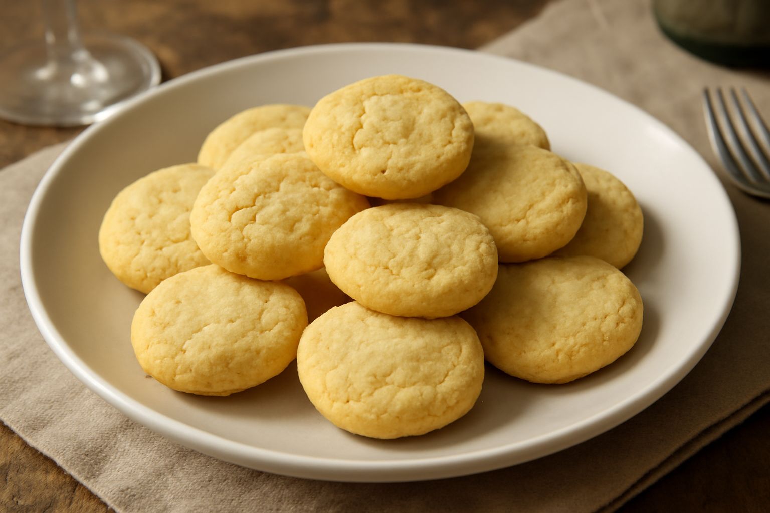 Corzetti leccesi dorati e croccanti impilati su un piatto bianco, con superficie rugosa e colore giallo paglierino uniforme, in luce naturale
