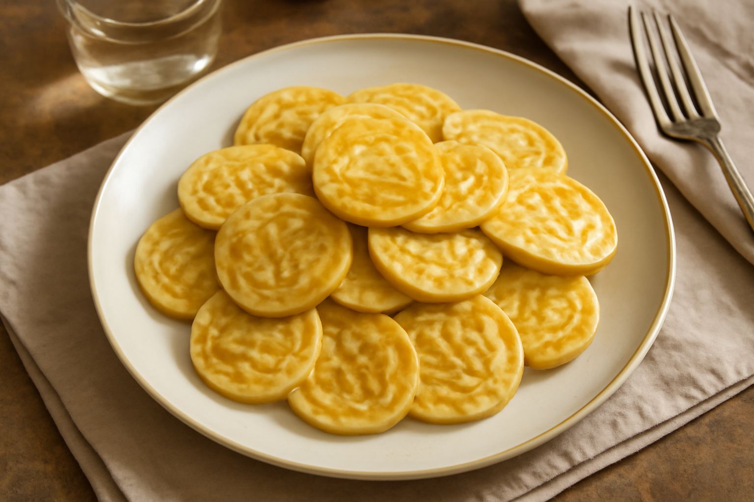 Corzetti tondi e leggermente ovali, dorati con decorazioni geometriche in rilievo, disposti in fila su un piatto bianco, con visibili i semi di anice sulla superficie