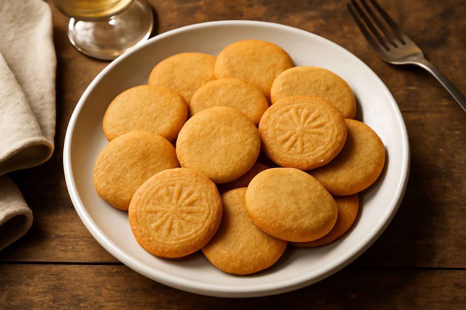 Corzetti speziati rotondi e leggermente bombati, colore dorato nocciola, disposti su un piatto bianco con uno sfondo di cucina rustica, sfocato
