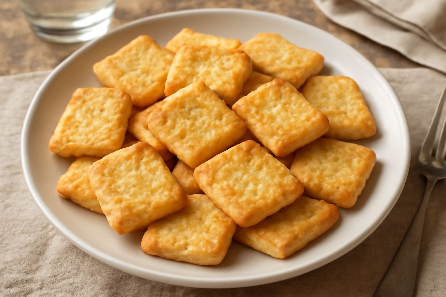 Corzetti spoletini dorati e croccanti disposti su un piatto bianco, con superficie leggermente butterata e colore nocciola uniforme, accanto a una tazza di caffè