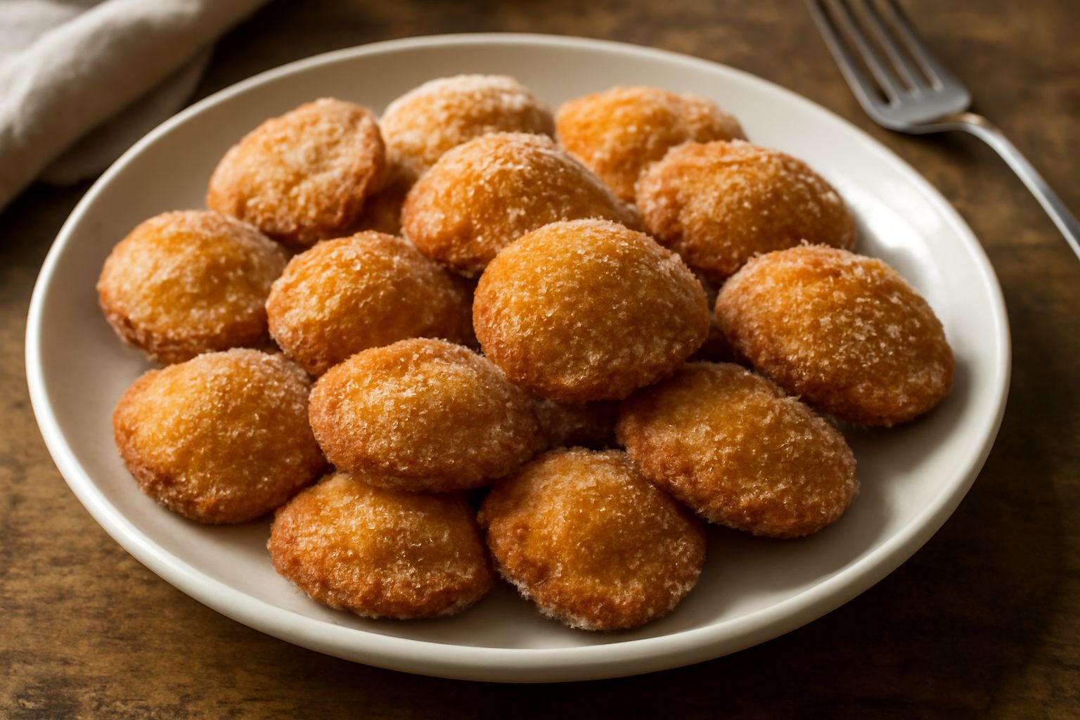 Corzetti viterbesi dorati e croccanti disposti su un piatto bianco, con zucchero granulato visibile sulla superficie, accanto a una tazza di caffè e una piccola ciotola con semi di anice