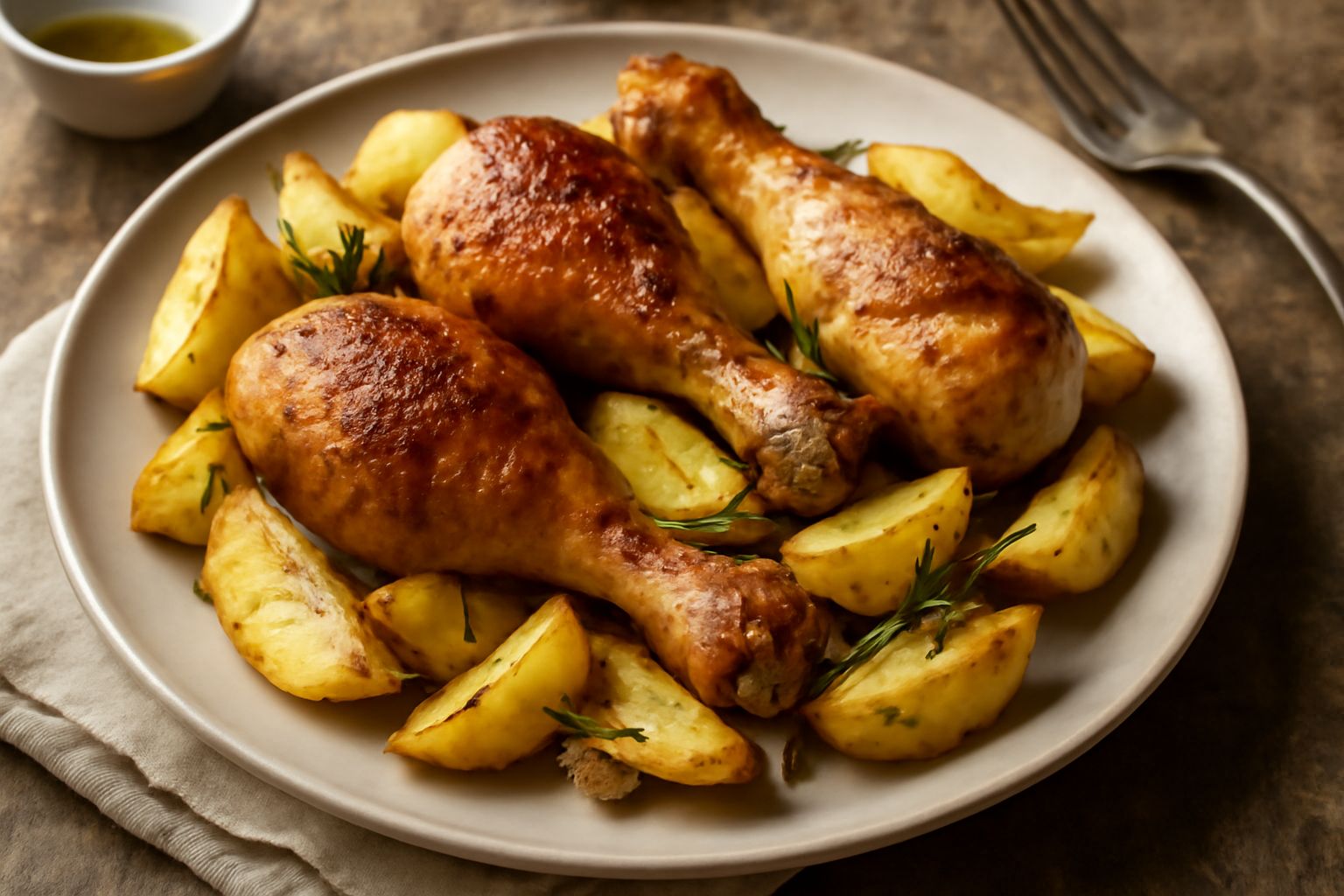 Cosce di pollo dorate e croccanti in una teglia da forno, ricoperte di buccia marrone brillante, accompagnate da patate e rosmarino fresco