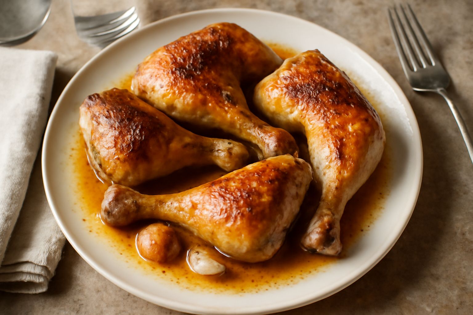Cosce di pollo arrosto dorate e croccanti in una teglia rettangolare di ceramica, circondati da spicchi di limone, rosmarino fresco e patate tagliate a cubetti, su un piano di marmo chiaro