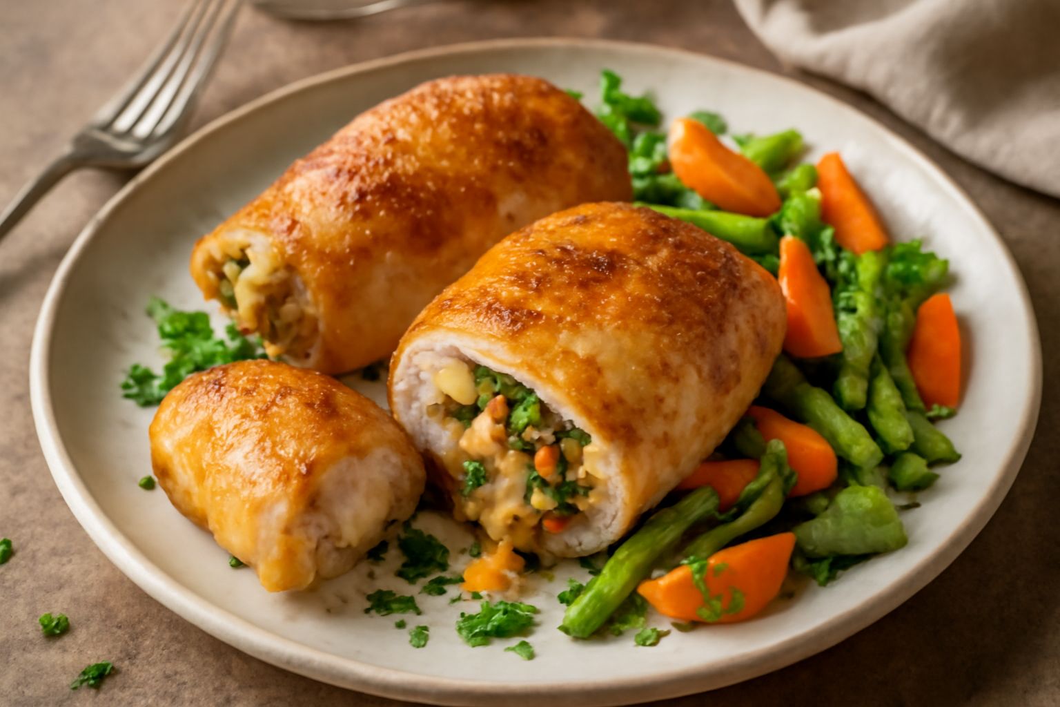 Due cosce di pollo ripiene dorate, poste in un piatto bianco, con verdure saltate ai lati e erbe aromatiche fresche: la carne è umida e il ripieno di verdure è visibile da una sezione aperta