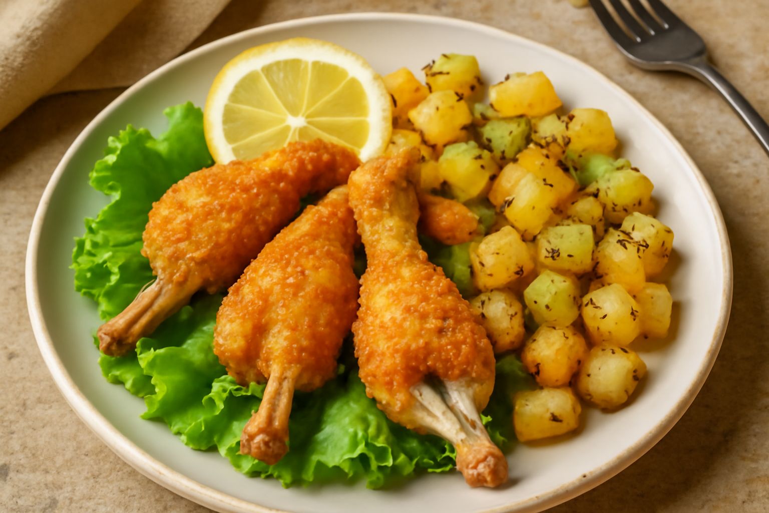Piatto con cosce di rana dorate e croccanti, guarnite di prezzemolo fresco, limone affettato, contorno di patate dorate, fondo di legno scuro con cucchiaio d'argento