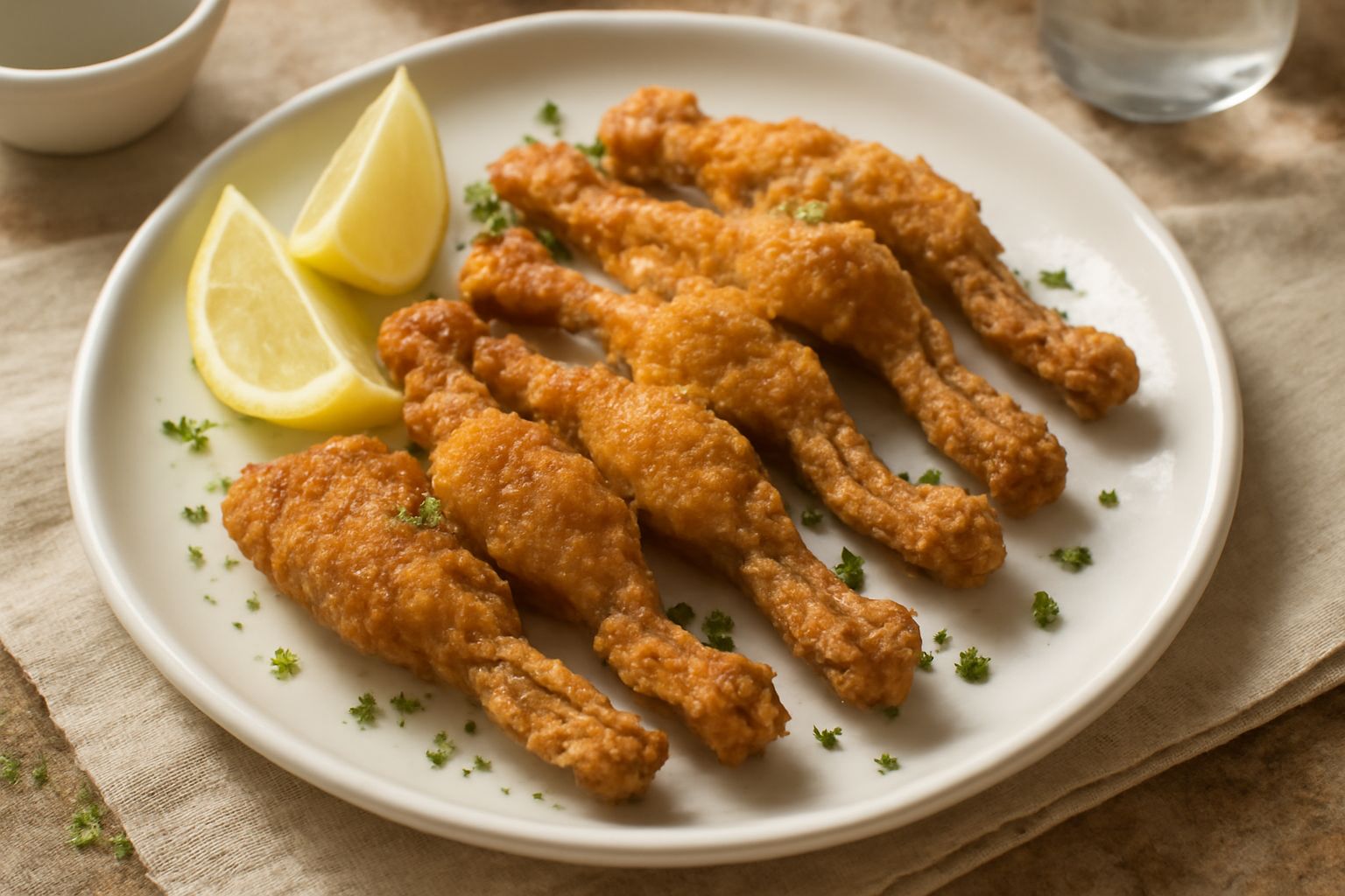 Cosce di rana fritte dorate e croccanti su un piatto bianco, accompagnate da spicchi di limone fresco, prezzemolo tritato e un contorno di insalata verde morbida
