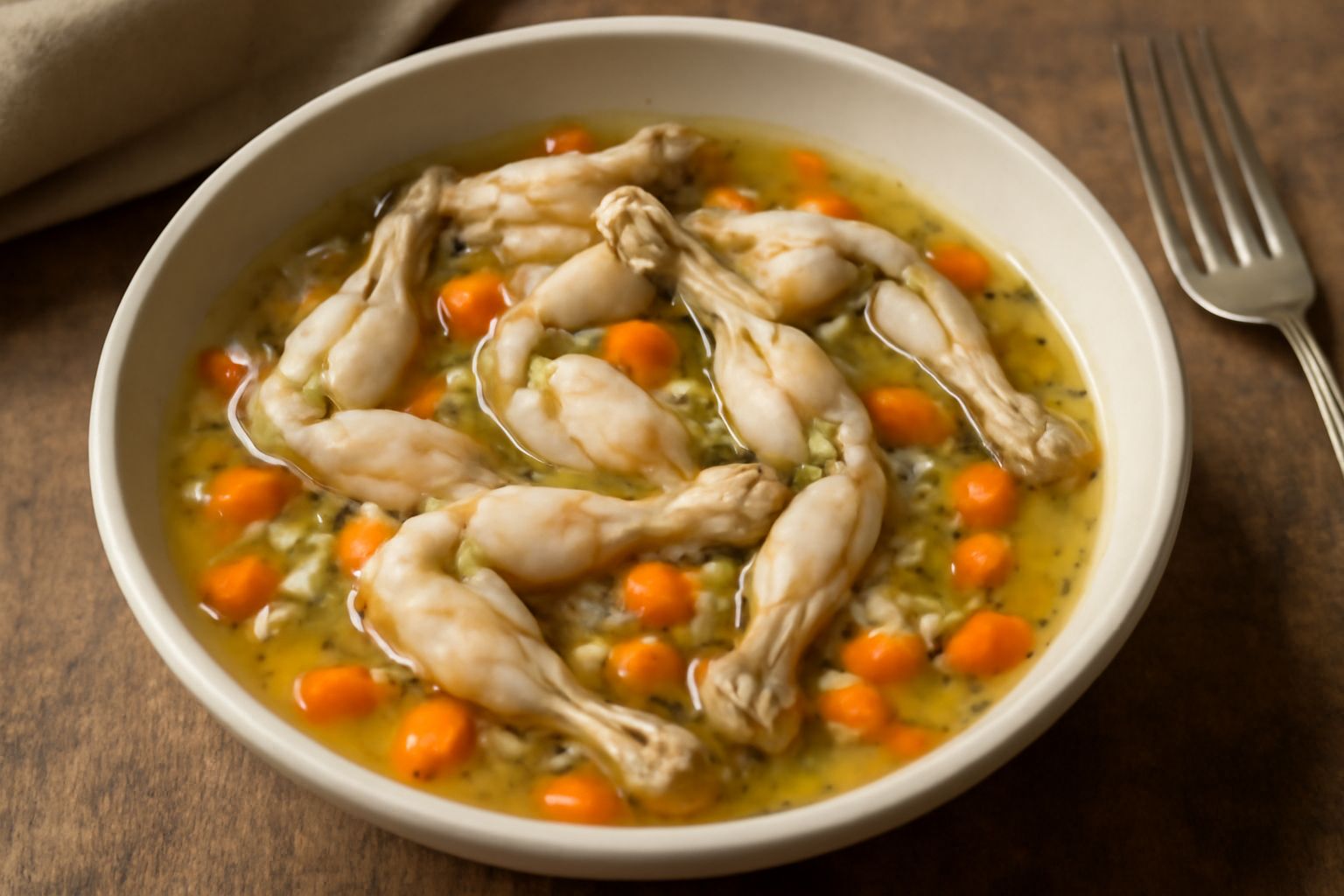 Cosce di rana dorate e tenere in umido, servite in una ciotola di ceramica bianca con verdure, salsa chiara e prezzemolo fresco, su fondo di lino naturale