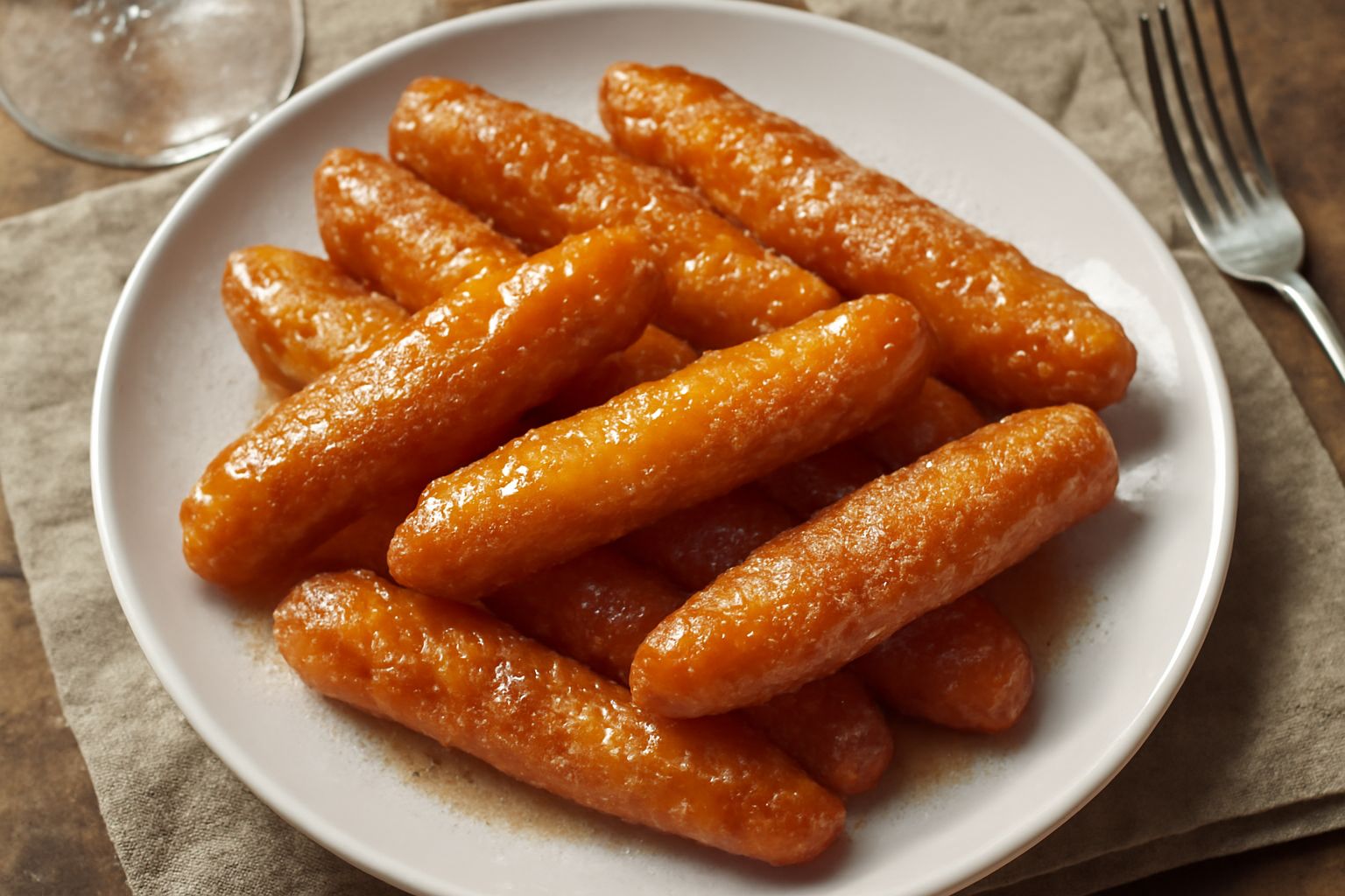 Cosce di vergine dorate e lucide coperte di miele e zucchero semolato, disposte su un piatto bianco con sfondo neutro, visibili la struttura gonfia e croccante della pasta fritta