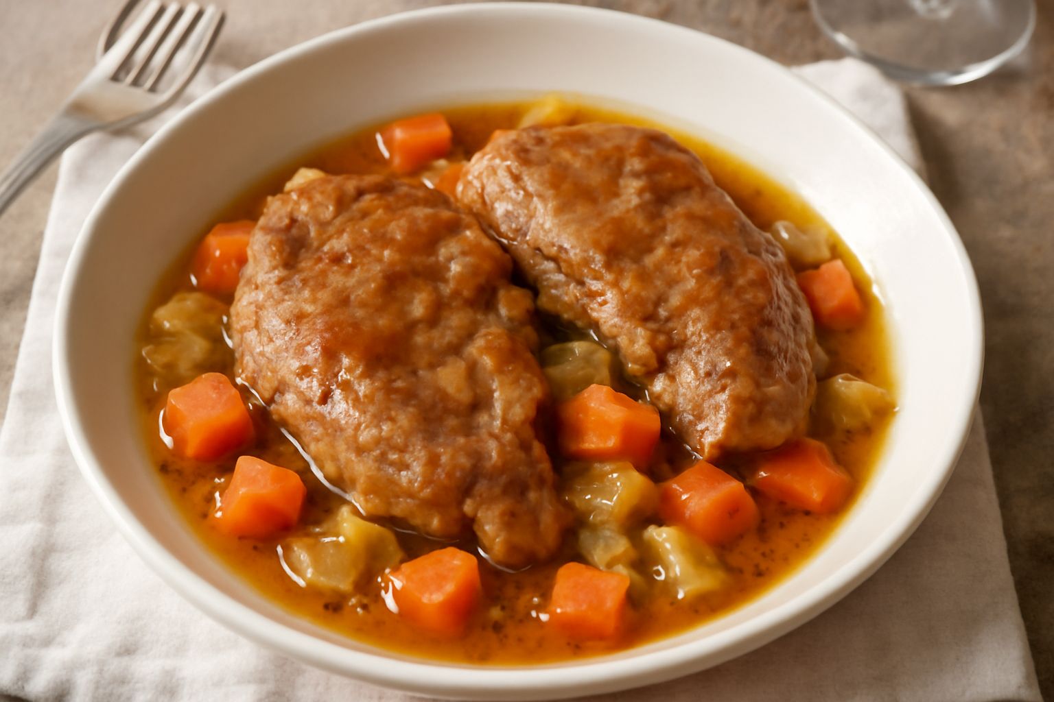 Cosce di vitello brasilate in un piatto fondo, ricoperte di sugo scuro, con carote, sedano e cipolla cotti, servite su piatto in bianco con bordo grigio e forchetta in acciaio