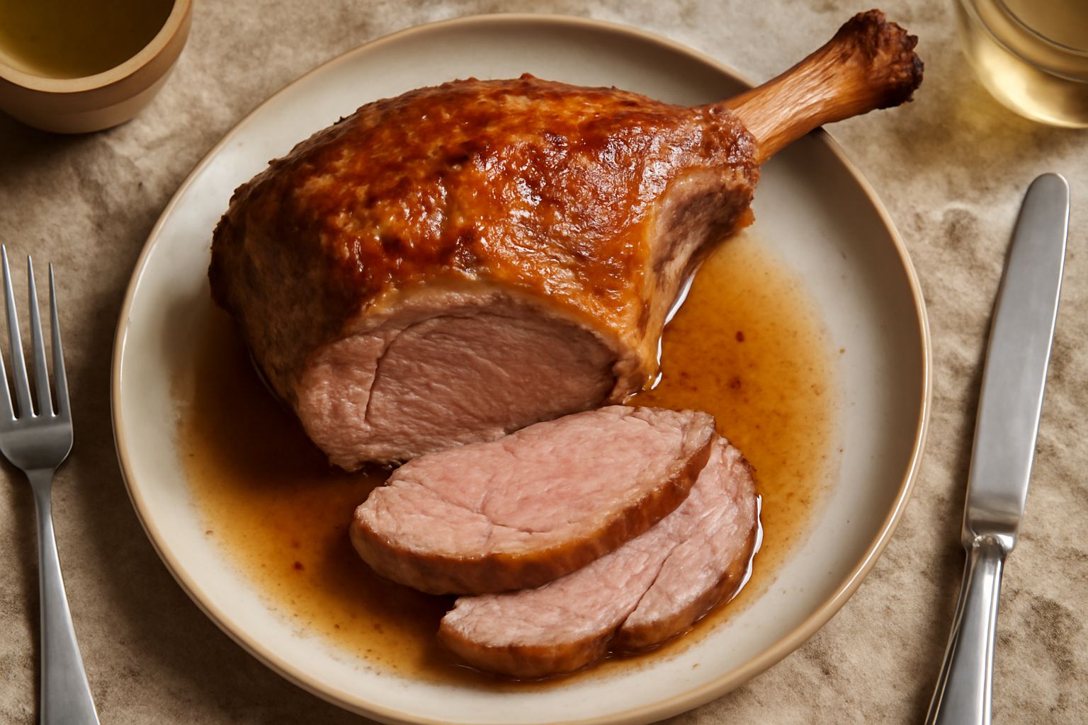 Coscia di agnello dorata e rosata arrosto in un piatto bianco, circondata da limone tagliato a spicchi e rosmarino fresco, con succhi di cottura visibili