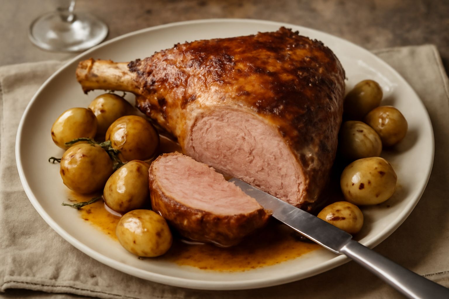 Coscia di agnello arrostita color dorato-marrone scuro, guarnita con rametti di rosmarino fresco, circondata da patate tagliate a pezzi e cipollotti interi leggermente caramellizzati, su un piatto bia