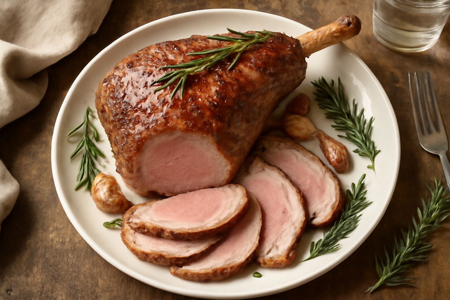 Coscia di agnello arrosto dorata e rosata al taglio, guarnita con rametti di rosmarino e timo, circondata da patate arrostite dorate e cipollotti caramellati