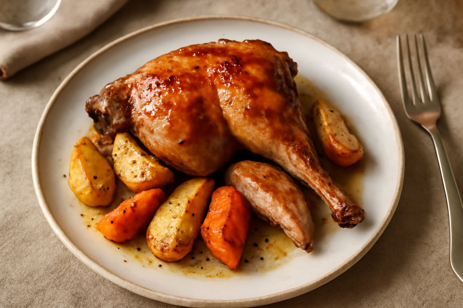 Coscia di coniglio arrosto dorata e lucida nel piatto bianco, contornata da patate al forno croccanti e rosmarino fresco, con una leggera doratura sulla superficie della carne