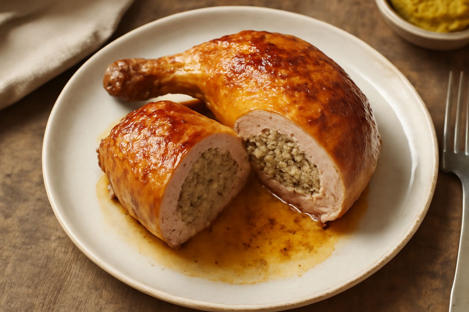 Coscia di pollo ripiena dorata in una pirofila bianca, con spago da cucina ancora intorno, circondata da verdure grigliate e una fetta di limone, vapore appena visibile