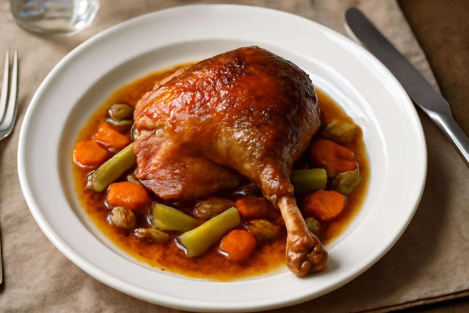 Coscia d'oca intera arrosto in una pirofila bianca, pelle scura e croccante, circondata da patate dorate e rosmarino fresco, vapore che sale dal piatto caldo