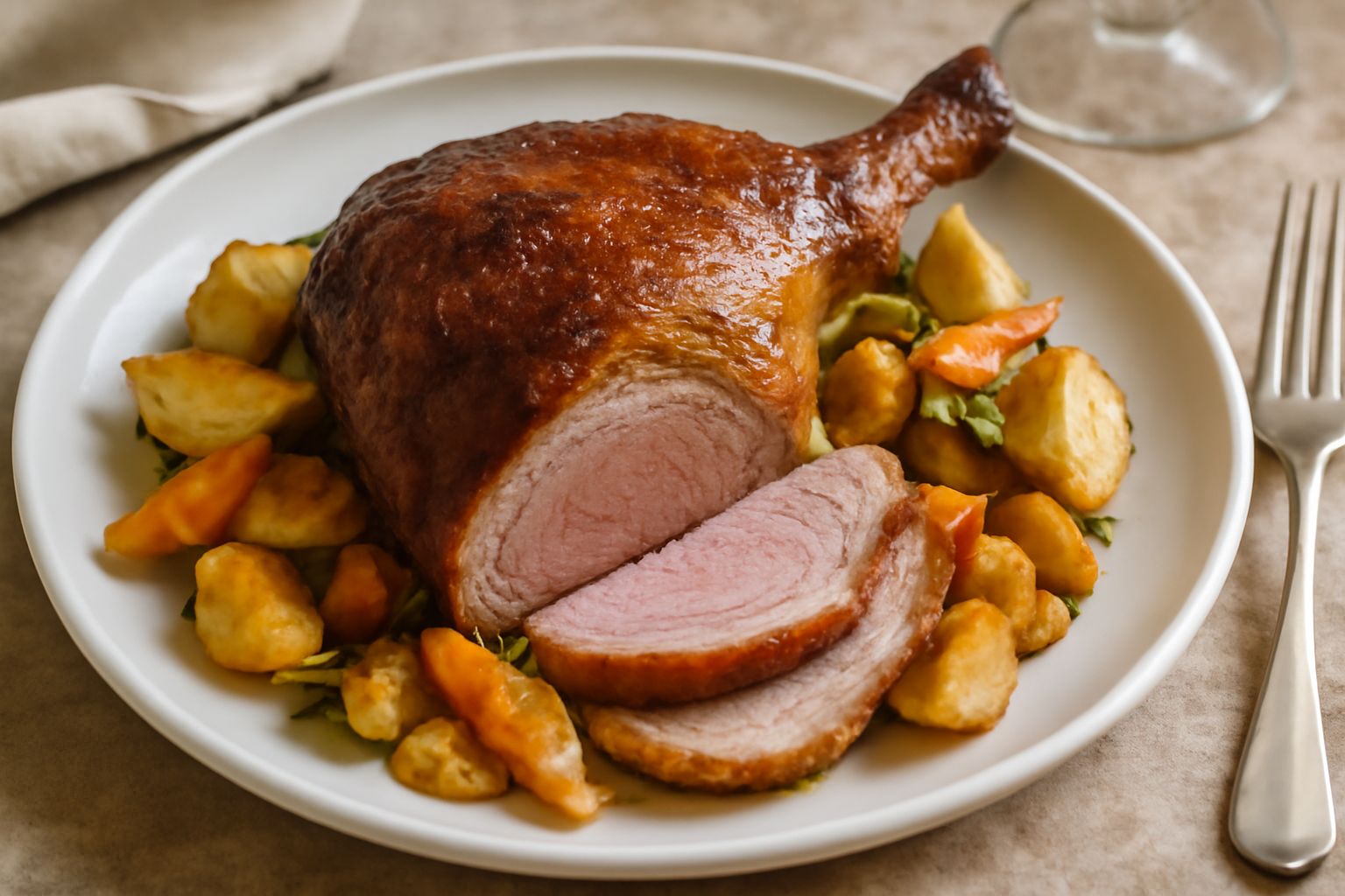 Cosciotto d'agnello arrosto dorato su un piatto bianco, contornato da patate e carote caramellate, con rami di rosmarino e timo appoggiati accanto, vapore ancora visibile.