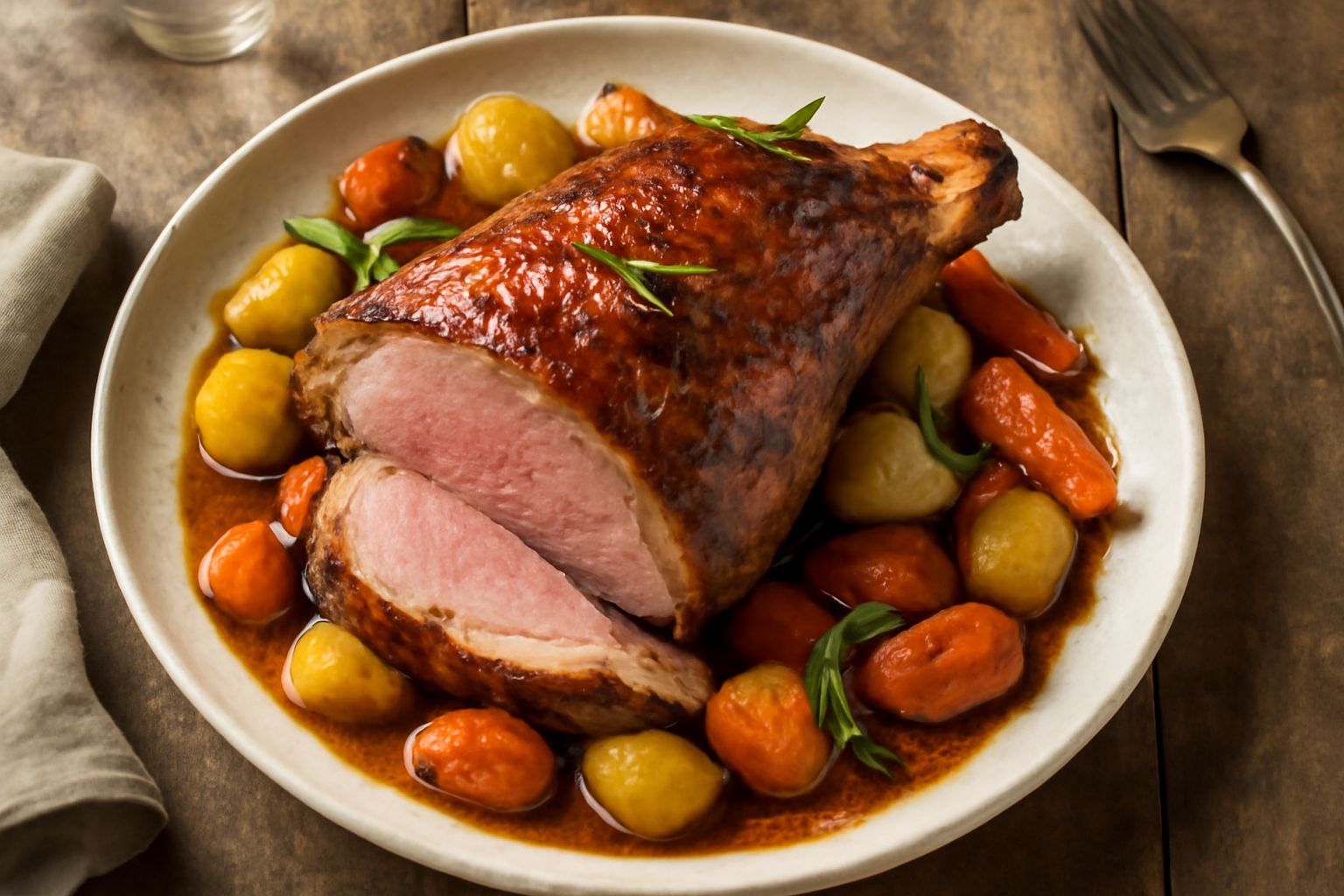Cosciotto d'agnello arrosto adagiato su un piatto bianco, con una crosta dorata in superficie, contornato da patate e carote arrostite, con rametti di rosmarino fresco accanto