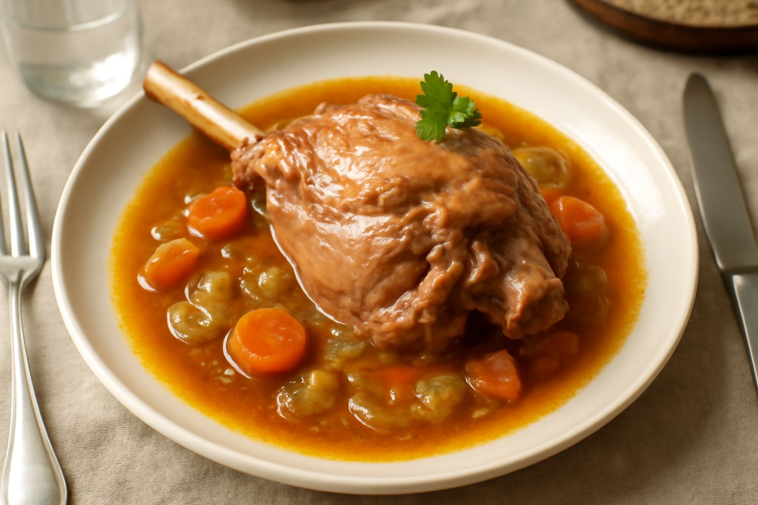 Cosciotto d'agnello intero cotto e affettato in un piatto fondo di ceramica bianca, coperto di brodo ambrato con carote, cipolle e sedano. Carne rosata e tenera visibile nel taglio. Piatto completo se