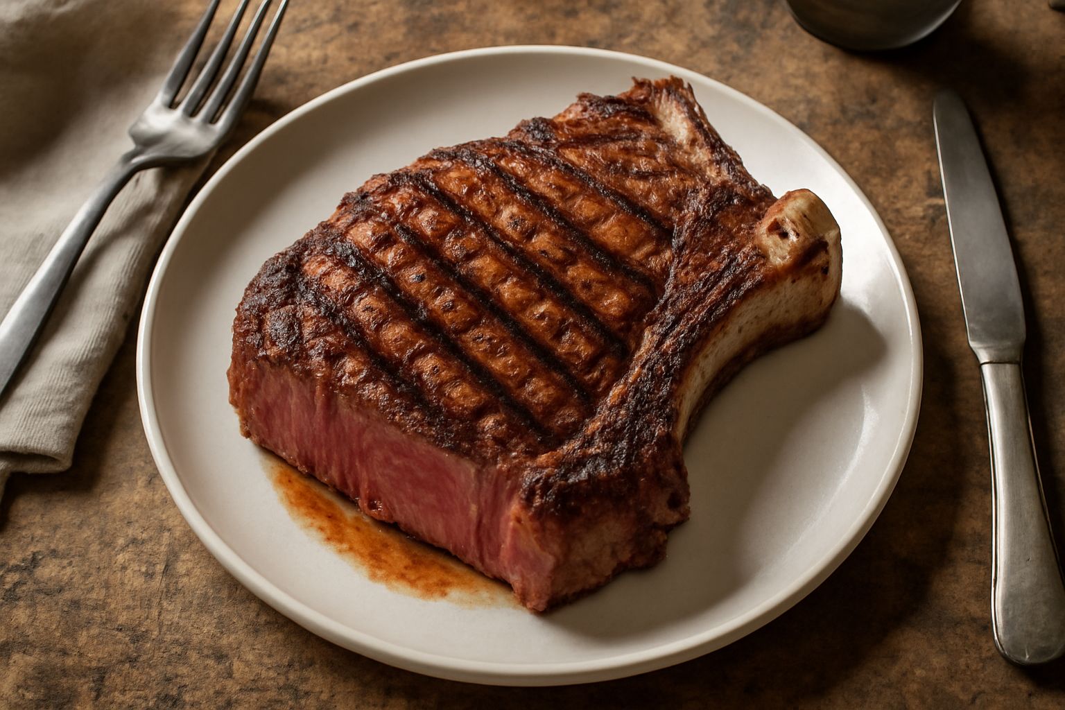 Una costata di manzo color rosso scuro con crosta dorata e striature di grill, affettata al centro per mostrare l'interno rosato e succoso, servita in un piatto bianco con sale marino sparso accanto
