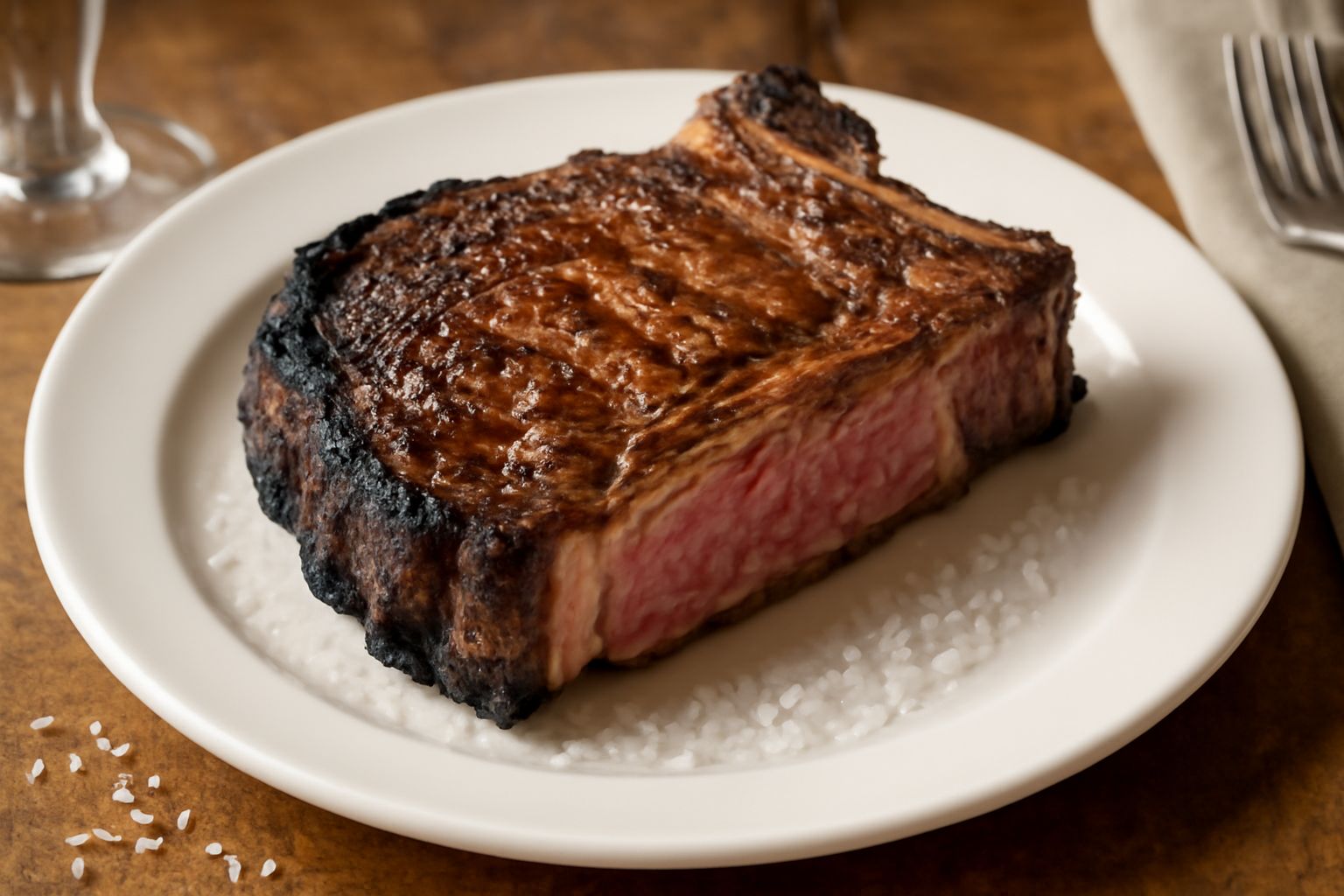Costata di manzo cuoocente alla brace, crosta bruniccia e caramellata, fiamma viva intorno, fumo leggero, piatto bianco con sale grosso accanto