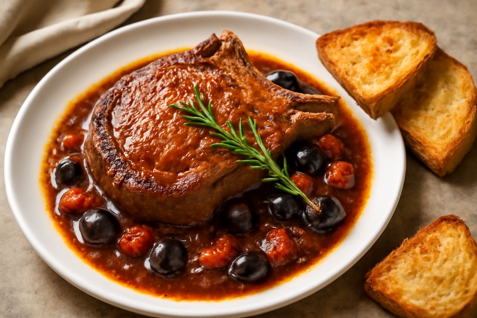 Una costata di manzo dorato in un piatto bianco, con salsa scura alle olive nere e pomodori, guarnito con rosmarino fresco, accanto pane tostato