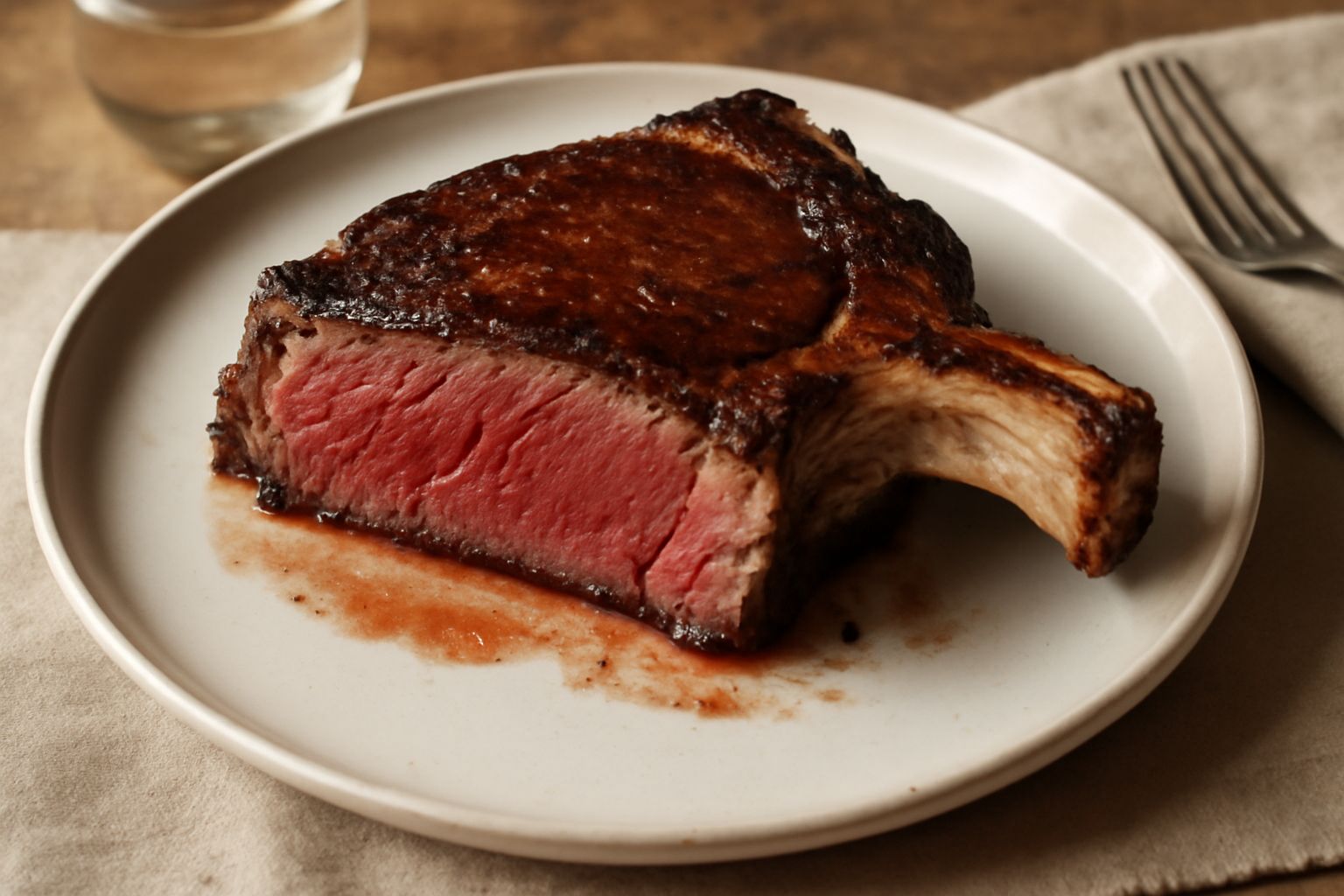Costata di bue cotta al sangue su piatto bianco, superficie caramellata, vapore ancora visibile, contorno di sale grosso e rosmarino fresco