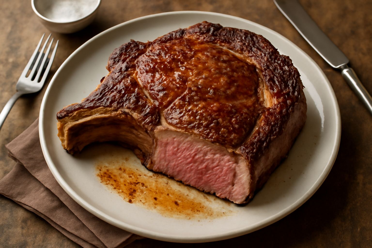 Costata di manzo cotta in padella, crosta dorata e caramellata, carne rosata all'interno, con rosmarino e aglio sui lati, servita su piatto bianco con succo di cottura visibile