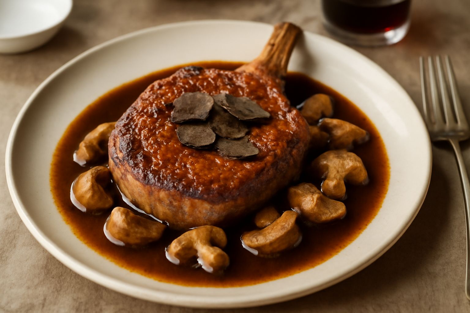 Costate di vitello cotte, dorate e lucide, adagiate su un piatto bianco circondato da salsa marrone scura, funghi porcini interi, fettine sottili di tartufo nero e un rametto di prezzemolo fresco verd
