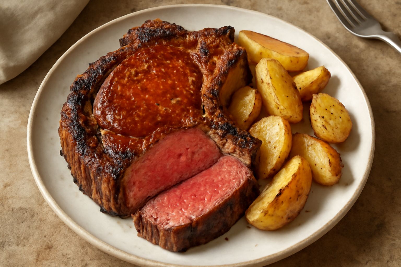 Costata di manzo al forno con crosta dorata e superficie caramellata, servita su un piatto bianco con contorno di patate arrostite e rosmarino fresco accanto