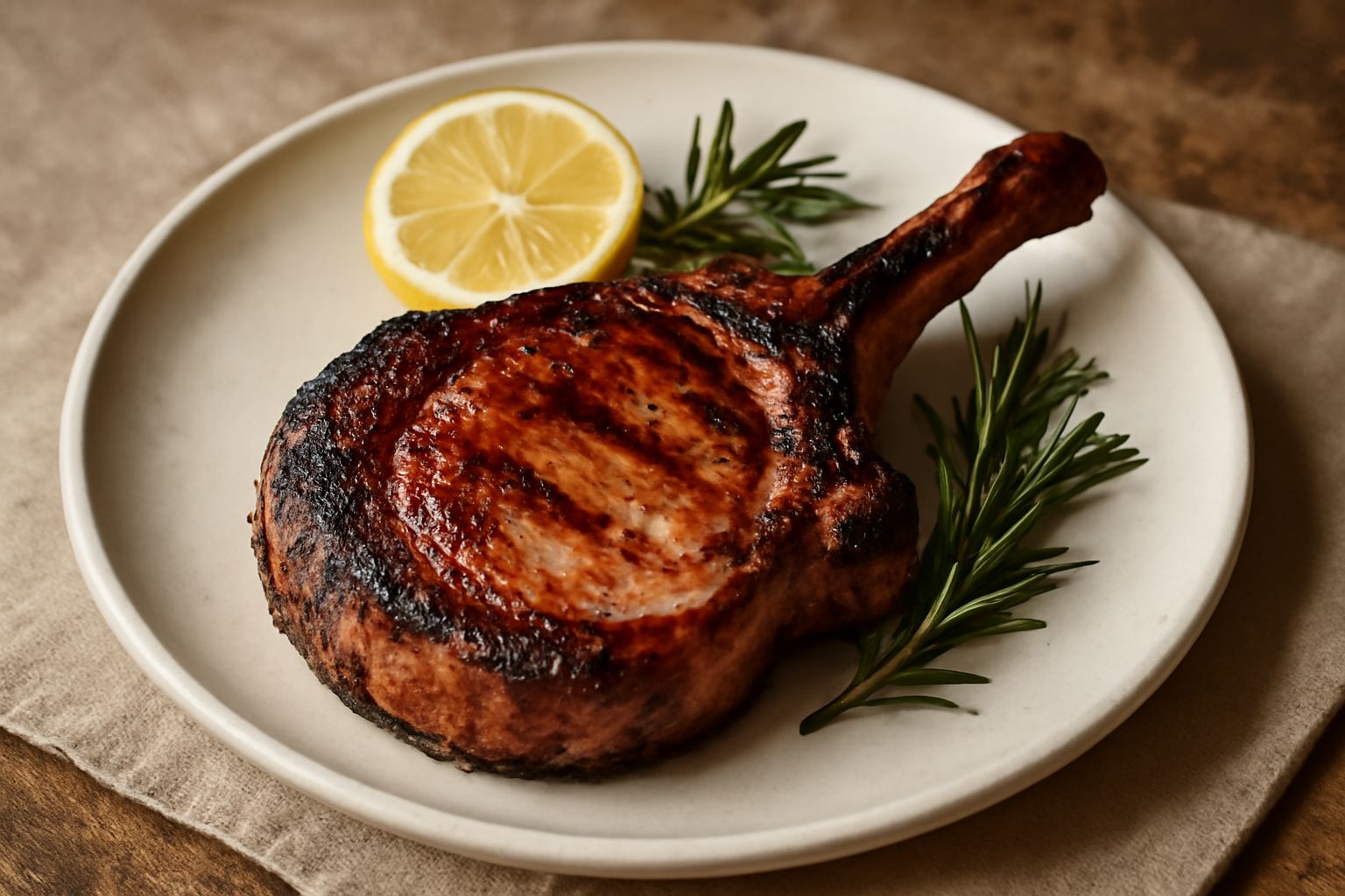 Tre costelle di maiale grigliate sulla brace, con la crosta caramellata scura, poggiate su un piatto bianco con rosmarino fresco e limone tagliato a metà