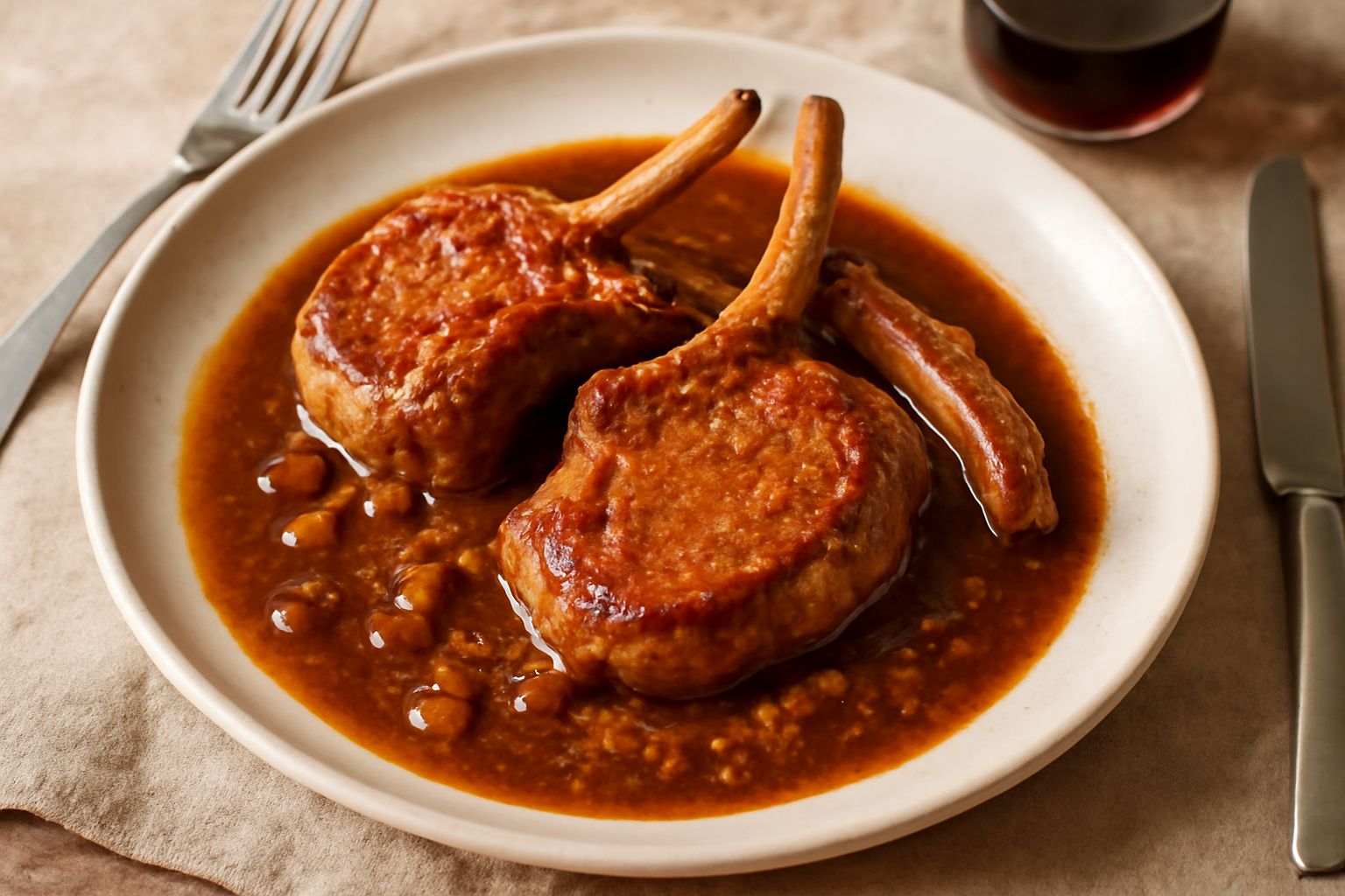 Costatelle di vitello dorate in umido su un piatto bianco, circondate da salsa marrone scuro con aromi visibili, accompagnate da purè di patate cremoso