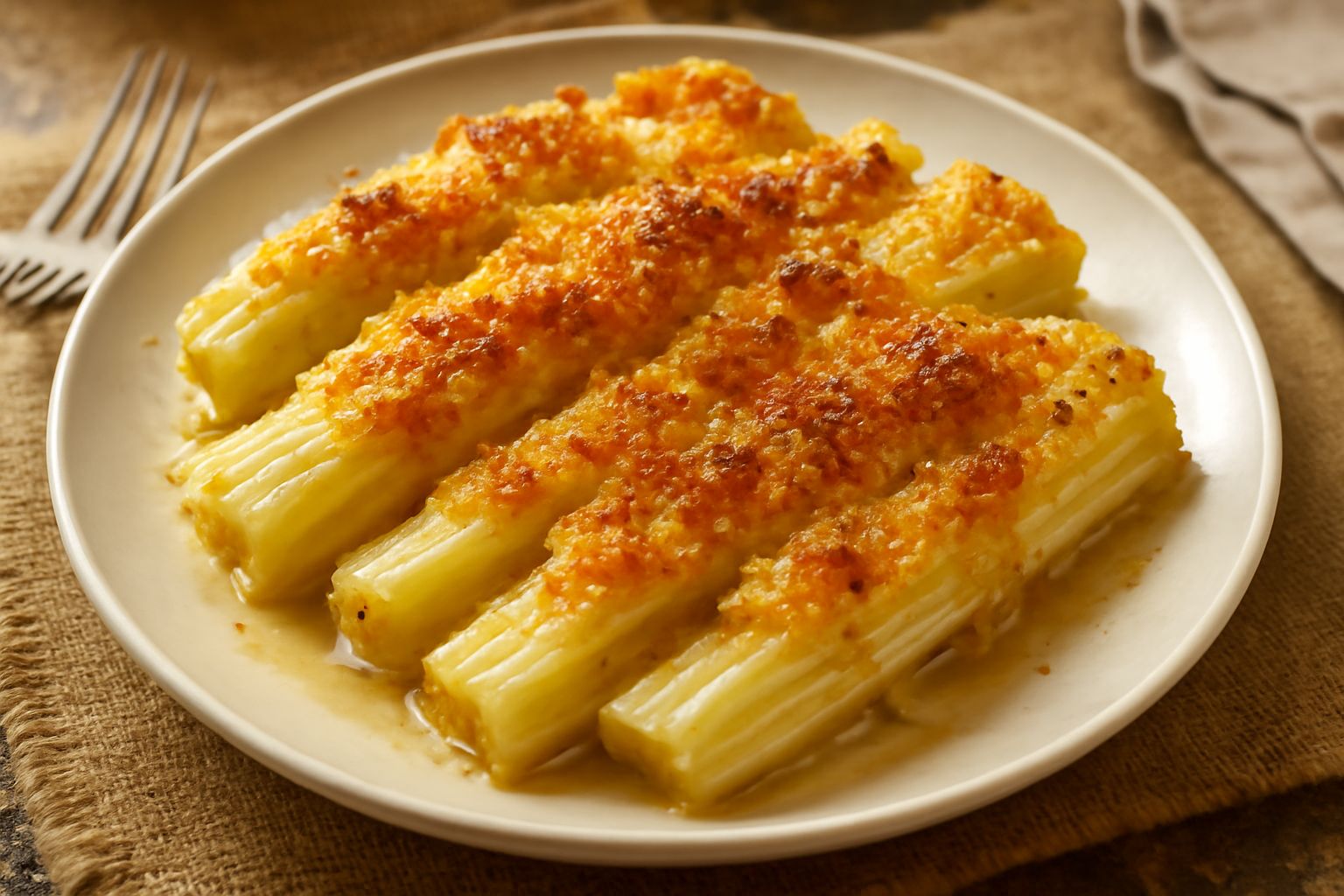 Coste gratinate in pirofila da forno, crosticina dorata di pangrattato e formaggio in superficie, coste bianche e tenere visibili sottostante, vapore leggero, piatto pronto al servizio