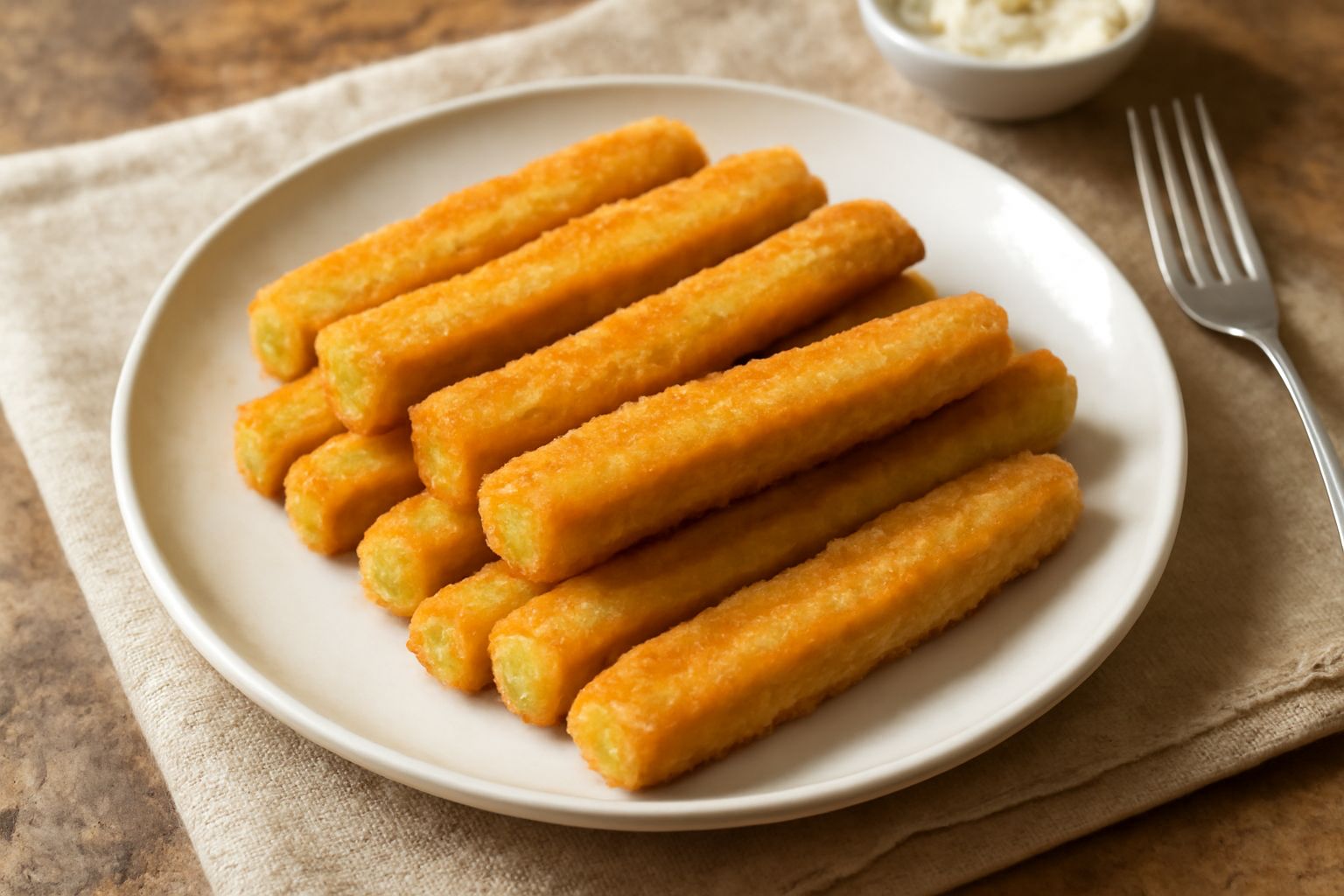 Coste ripassate dorate e croccanti su piatto bianco, bastoncini fritti disposti in ordine, con una ciotola di salsa bianca accanto e limone tagliato a spicchi
