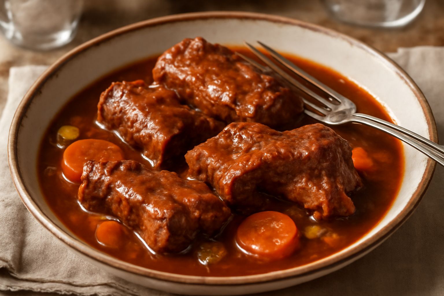 Costicine di maiale in umido in un tegame di terracotta, coperte di sugo rosso scuro, circondate da carote, sedano e cipolle cotte, con prezzemolo fresco sopra