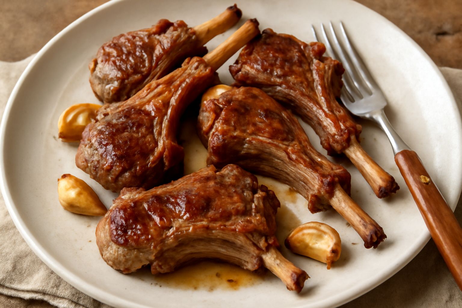 Costine d'agnello dorate e rosate nel piatto bianco, con rosmarino verde e aglio schiacciato, contorno di verdure verdi sfocate, fuoco caldo dal fondo