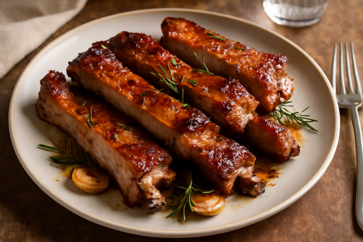Costine di maiale dorate e caramellate disposte su una placca da forno con rosmarino fresco, aglio affettato e una leggera patina lucida di olio e erbe aromatiche
