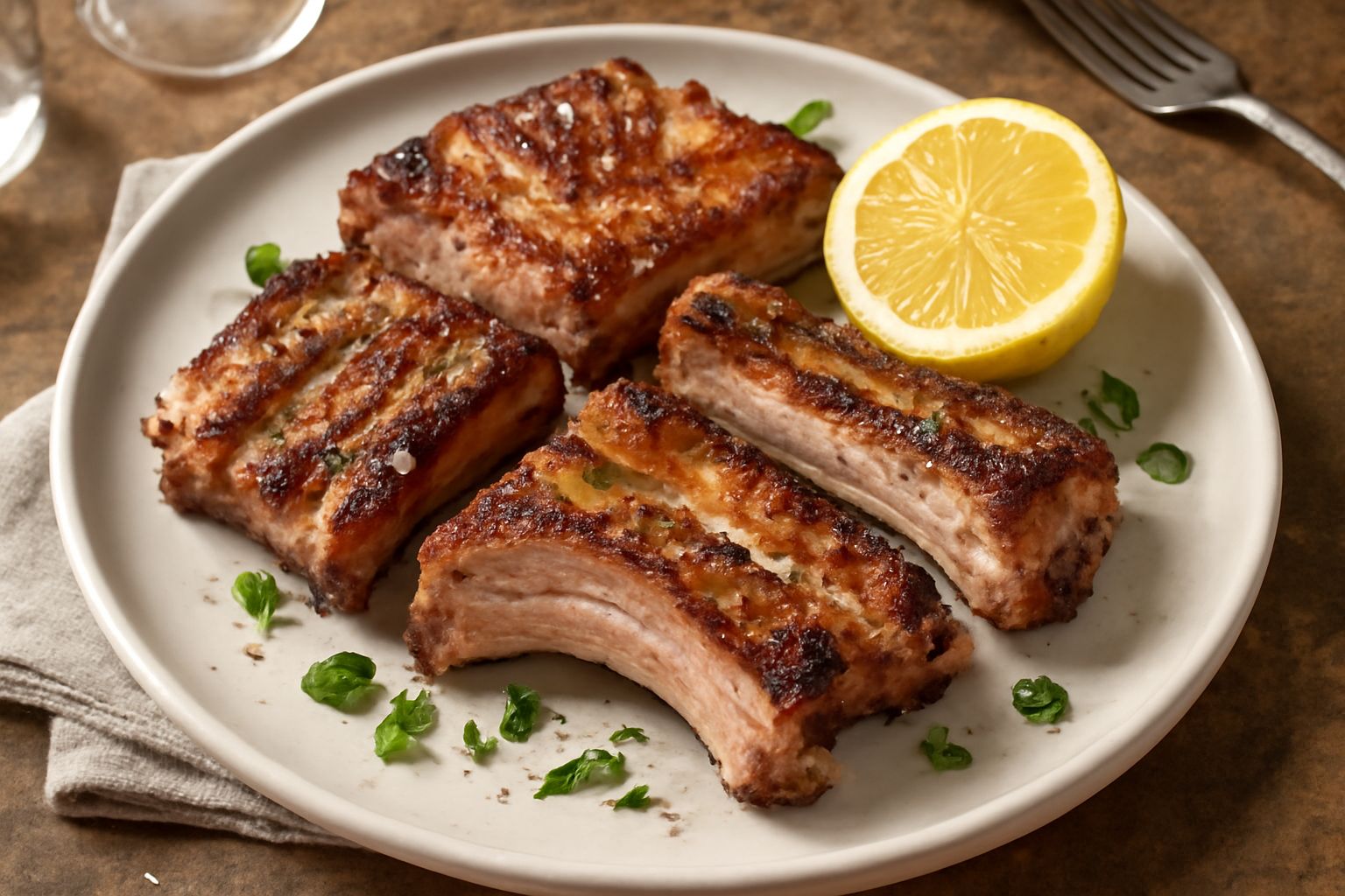 Costine di maiale dorate e caramellate sulla brace, con segni di fuoco, contorno di verdure grigliate leggere e erbe aromatiche sparse nel piatto
