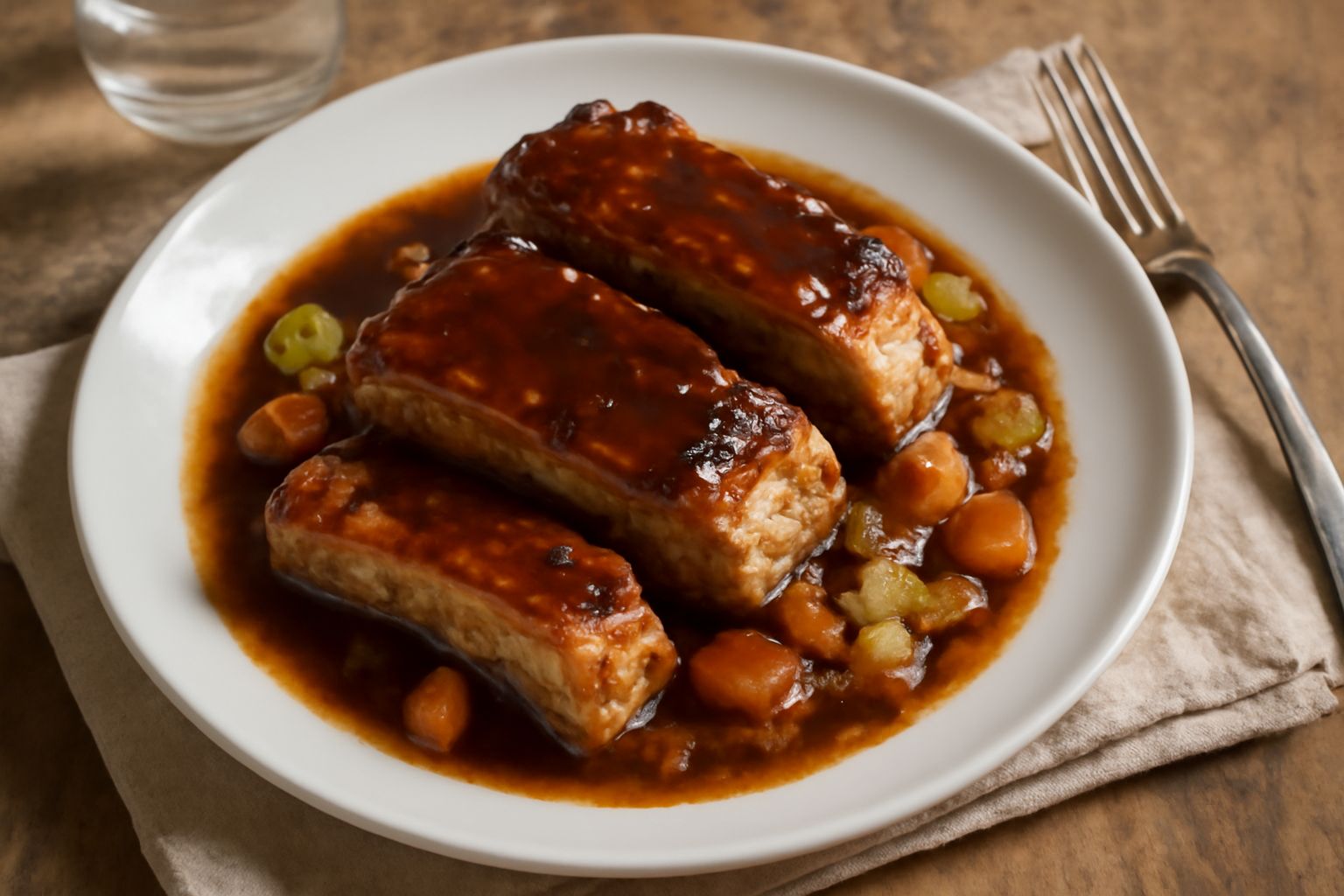 Costine di maiale stufate in rosso su piatto bianco, coperte di salsa scura e lucida, circondate da verdure cotte, con una noce di burro fresco in alto