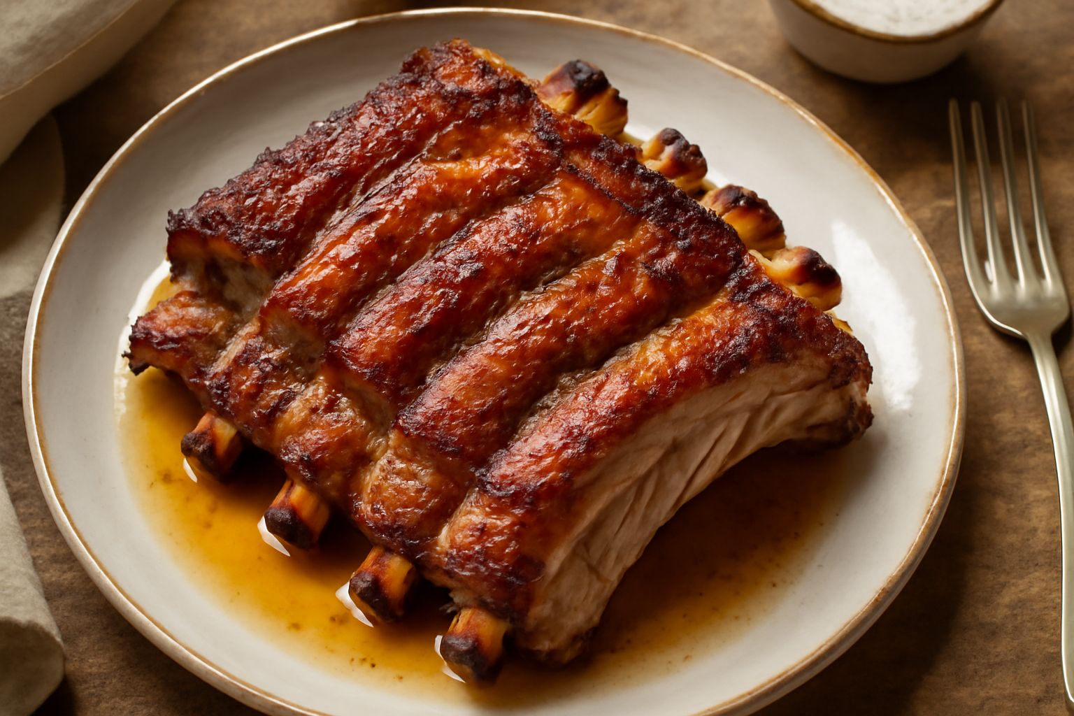 Costine di maiale arrosto dorate e caramellate in una teglia bianca, con crosta croccante visibile e succo di cottura, guarnite con rosmarino fresco e timo