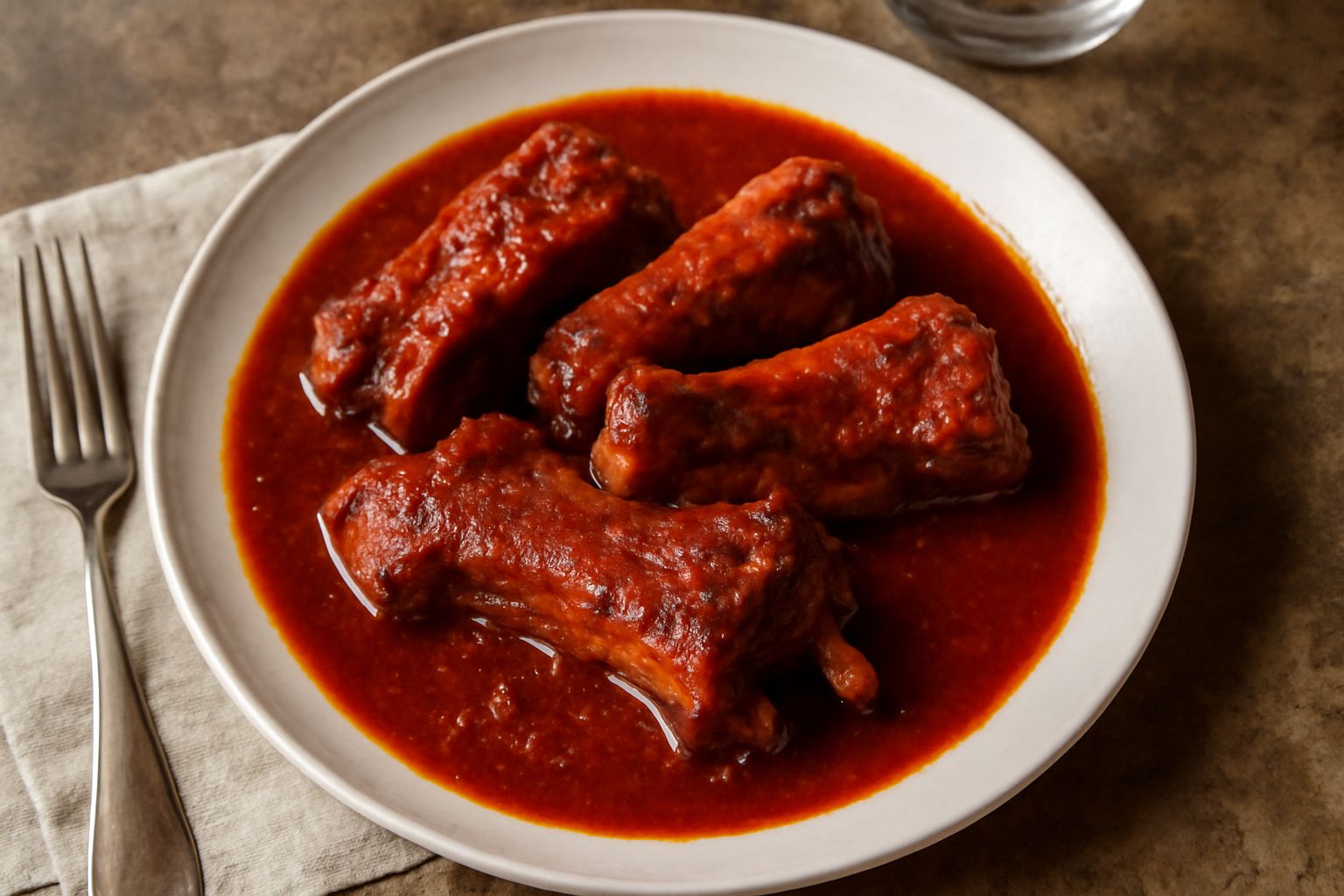 Piatto fondo bianco con costine di maiale immerse in sugo rosso scuro, spolverizzate di prezzemolo fresco verde, accompagnate da pane tostato ai bordi