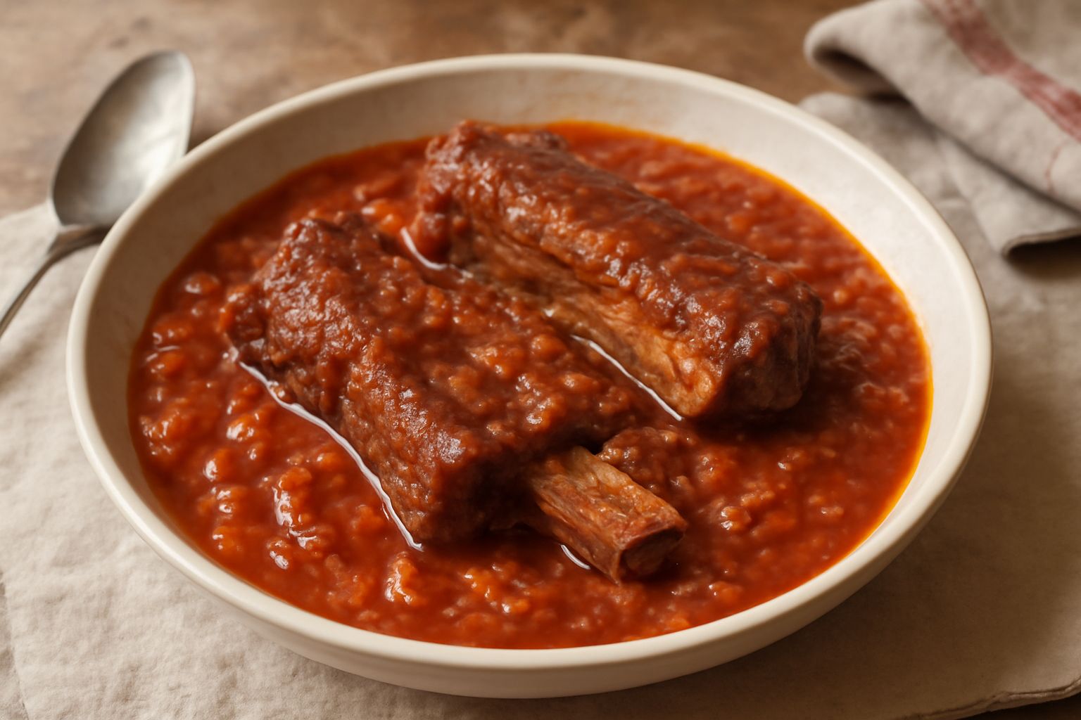 Costine in umido servite in piatto fondo bianco, immerse in sugo rosso scuro, circondate da verdure morbide, vapore che sale dalla pietanza, contorno di pane tostato accanto