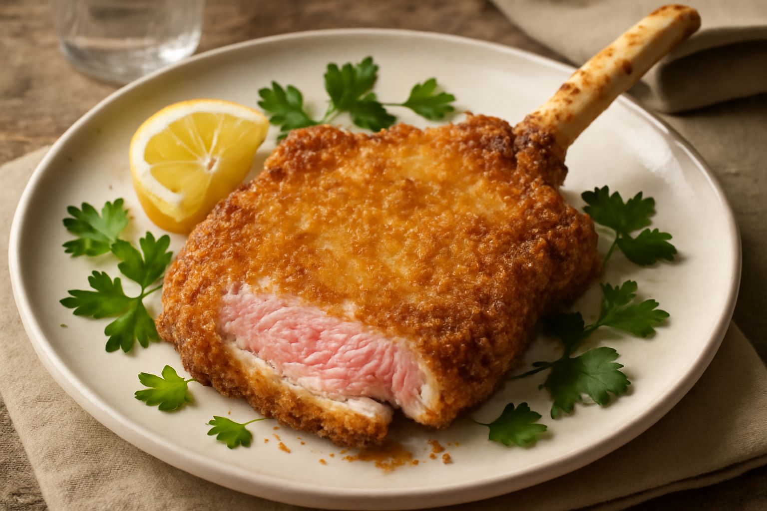 Costoletta dorata croccante su piatto bianco con limone fresco tagliato a spicchi, foglie di prezzemolo e panatura visibile al bordo