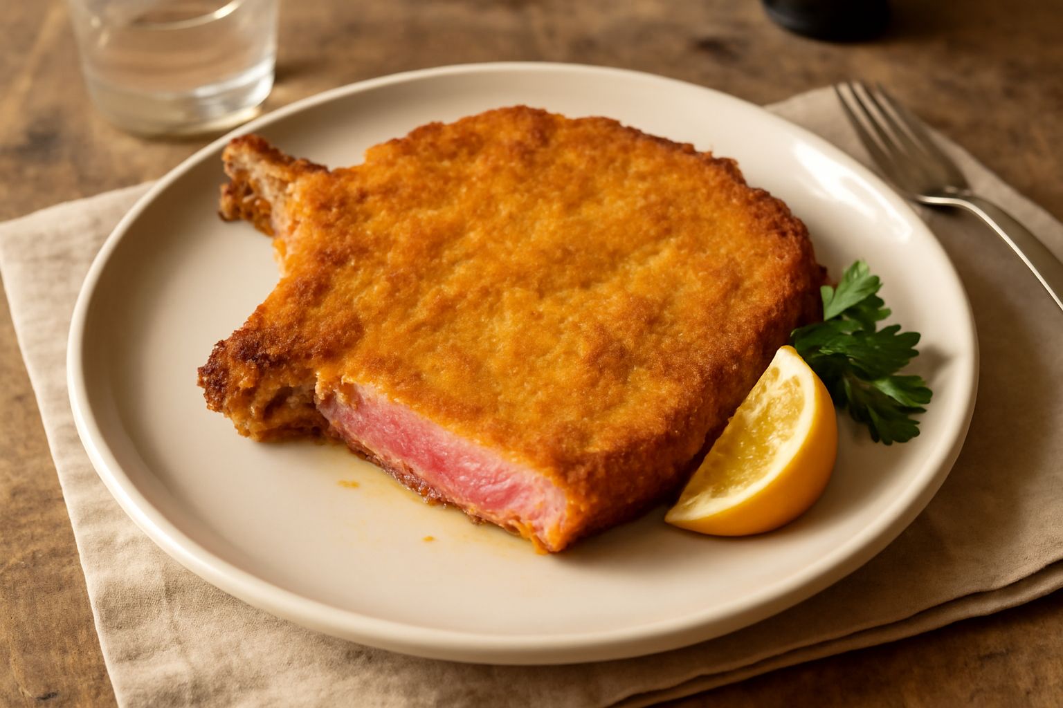 Una costoletta alla bresciana dorata e croccante appoggiata su un piatto bianco, con limone fresco tagliato a spicchi sul lato, vista dall'alto in luce naturale