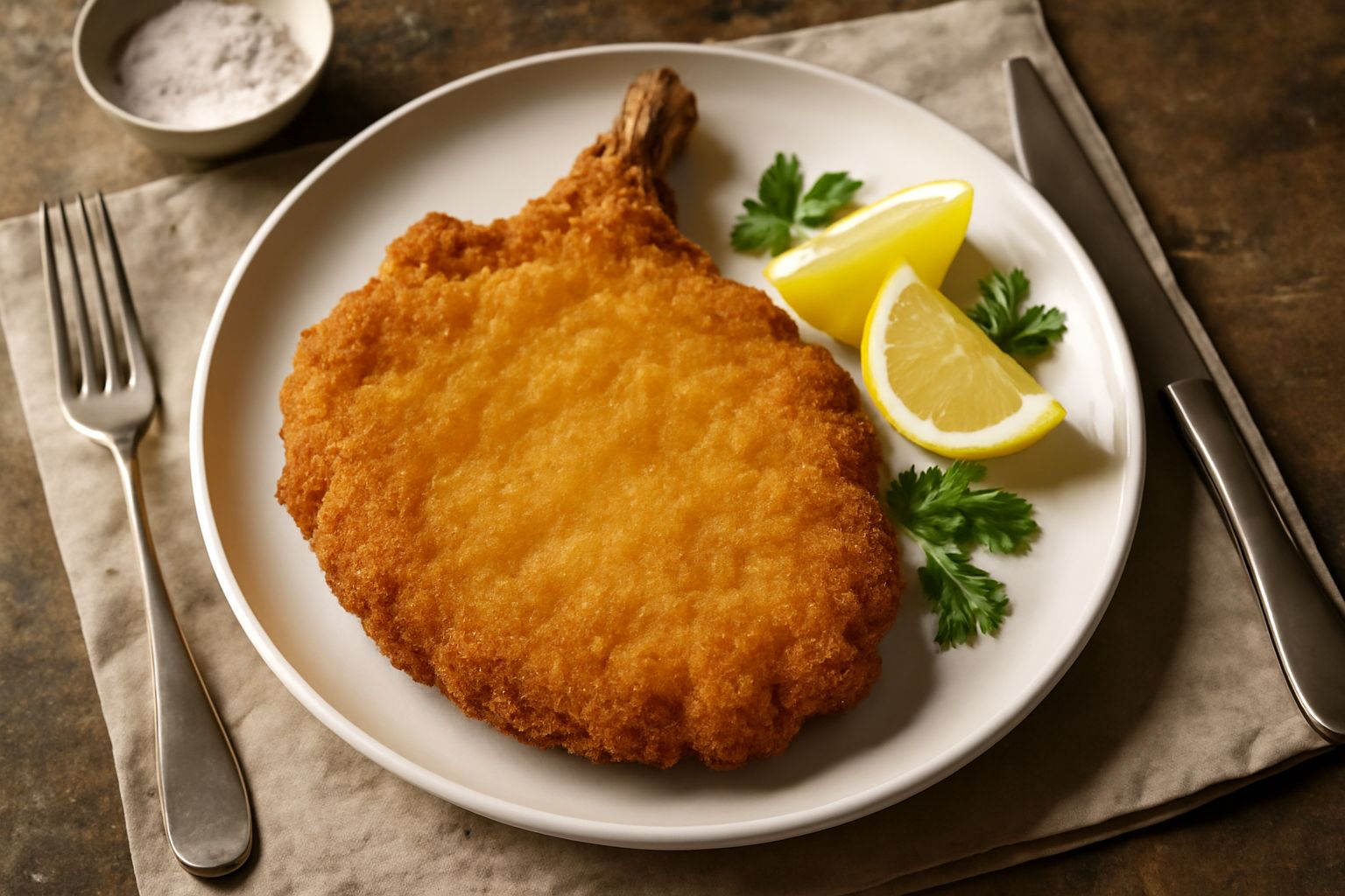 Costoletta alla milanese dorata e croccante su piatto bianco, con osso visibile, contorni di limone e prezzemolo fresco, sfondo chiaro