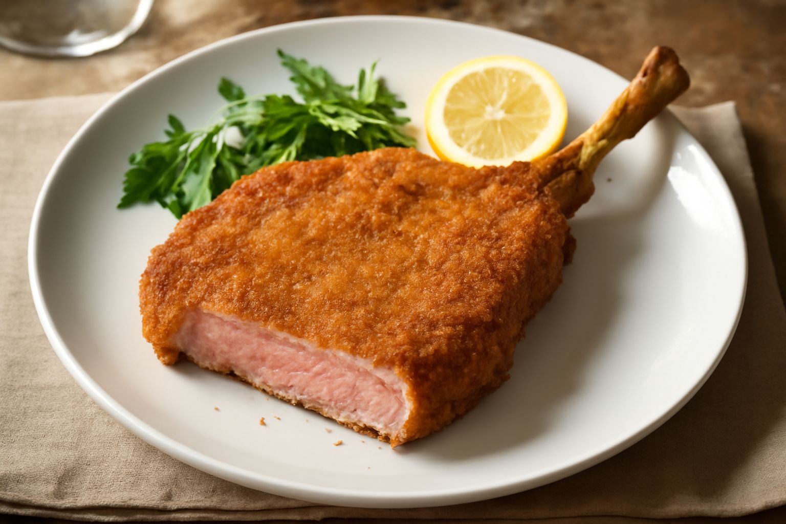 Una costoletta dorata e croccante di vitello piemontese appoggiata su un piatto bianco, circondata da fettine di limone fresco e prezzemolo verde, con la polpa color rosa antico della cottura perfetta