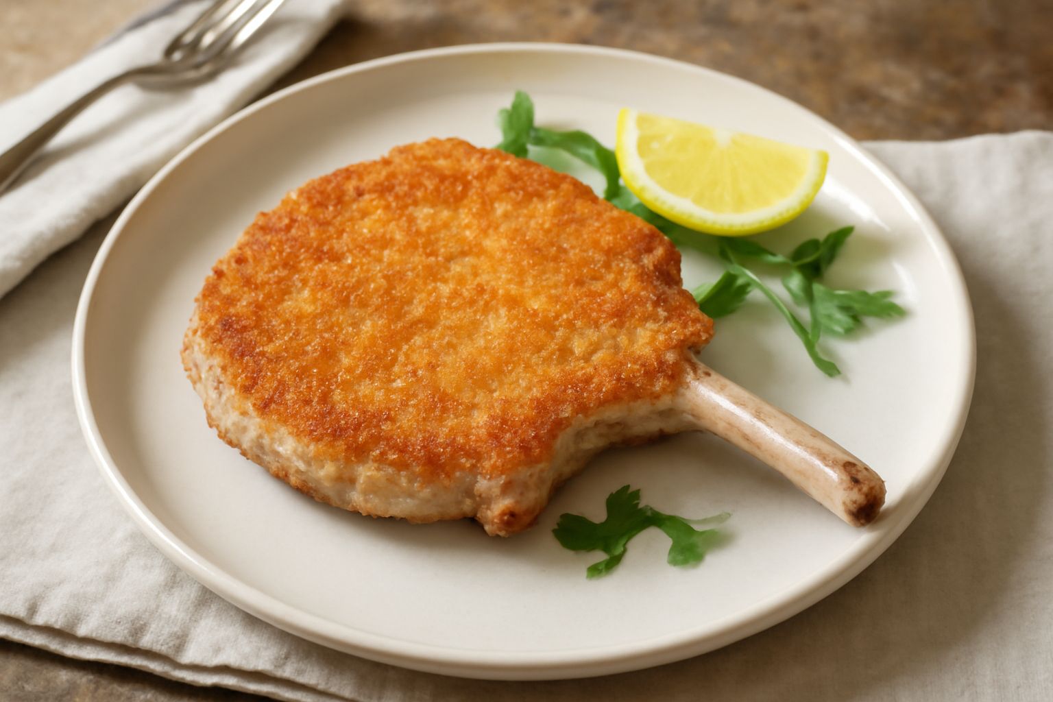 Una costoletta di vitella dorata croccante in padella, con limone fresco affettato e prezzemolo verde accanto, vapore leggero visibile sulla superficie