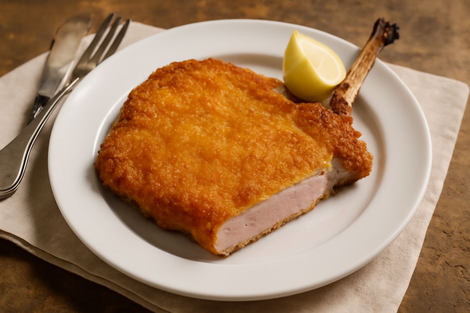 Costolette dorate e croccanti su un piatto bianco, con limone fresco tagliato a spicchi, riso bianco e contorno di verdure verdi a lato, luce naturale che evidenzia la panatura color oro