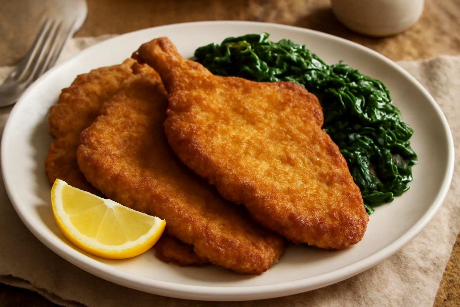 Costolette alla modenese dorate e croccanti, impilate nel piatto bianco, circondate da fettine di limone, contorno di spinaci al burro, con tracce di olio dorato sul bordo del piatto