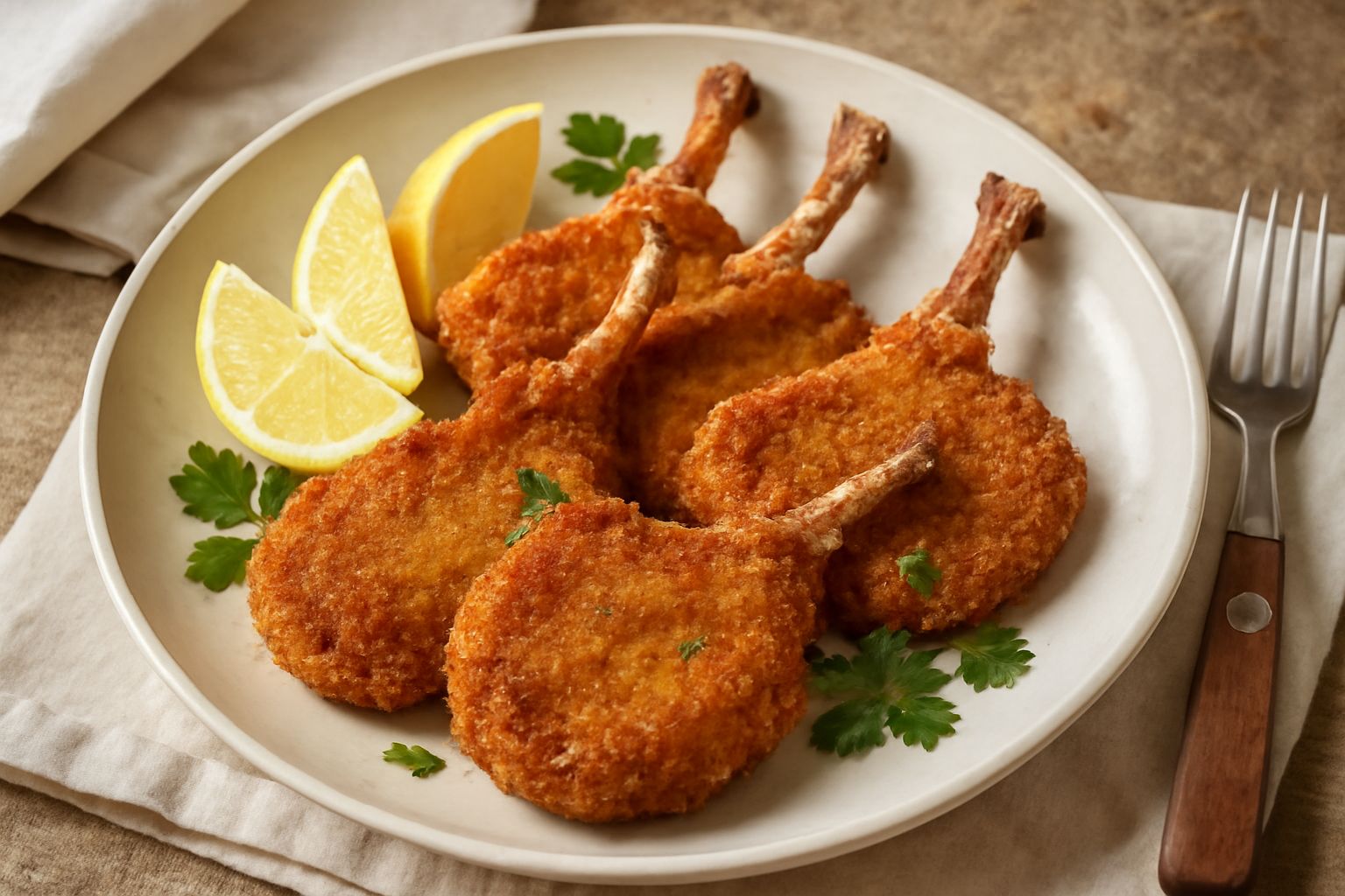 Tre costolette dorate e croccanti sul piatto bianco con limone fresco tagliato a spicchi e prezzemolo verde, riflessi di olio sulla superficie